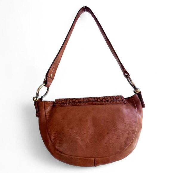 Marta Ponti Cognac Brown Leather Basketweave Satchel Handbag with Brass Hardware - Picture 2 of 16